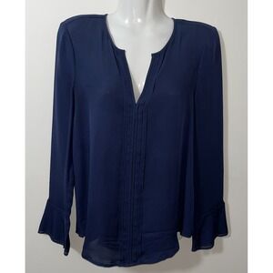 Joie Women's Top XS Blue Silk Vneck ‎ Long Sleeve Flutter Bell Cuff Back Pleat